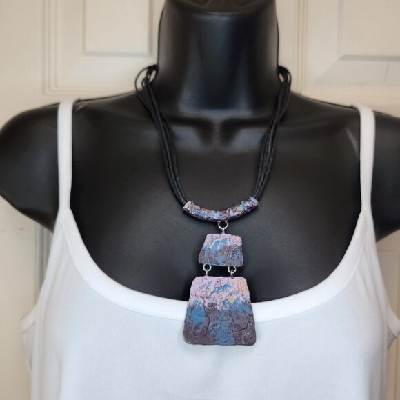 Boho Statement Necklace – Abstract Painted Metal Pendant on Multi-Strand Cord - Picture 1 of 10